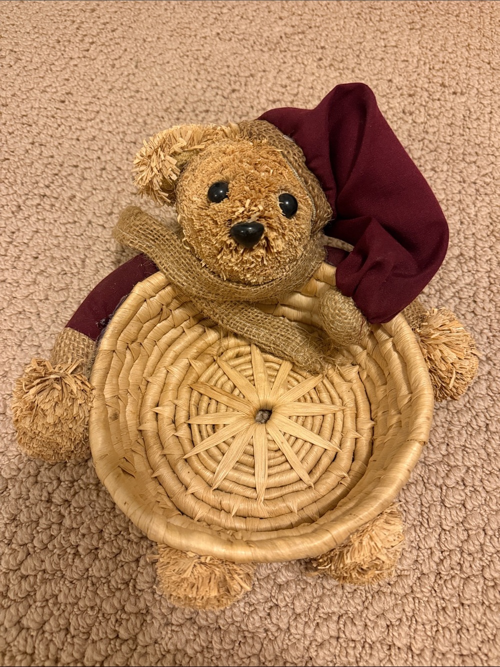 Handwoven Teddy Bear Basket in Brown and Burgundy